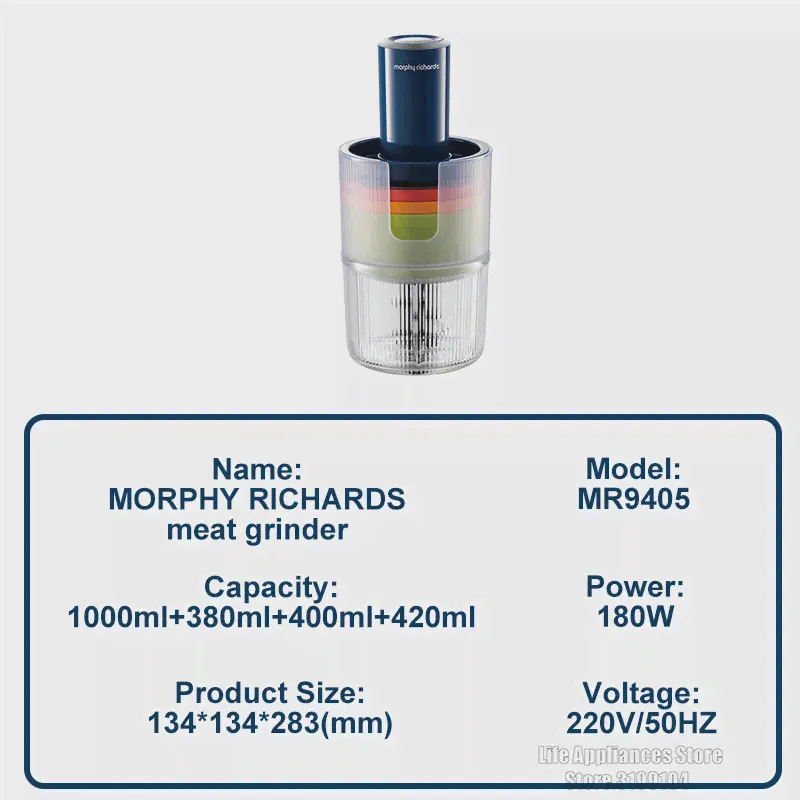 MORPHY RICHARDS MR9405 Электрическая мясорубка Высокоскоростной кухонный комбайн 220 В Многофункциональный измельчитель овощей с 4 чашами (art.: 3920c15b75e04)-4